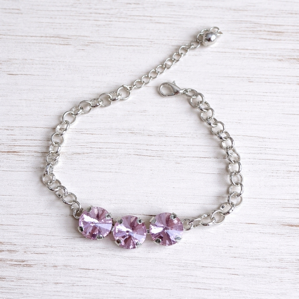 Silver Chain Bracelet with 3 Pink Crystals - Handmade